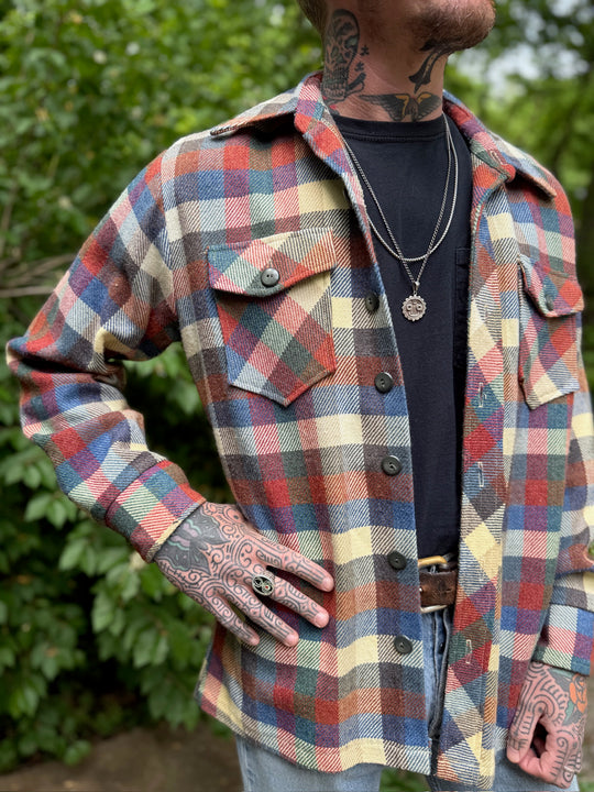 Men's 70s Red Blue Green Wool Plaid Shirt, H Bar C