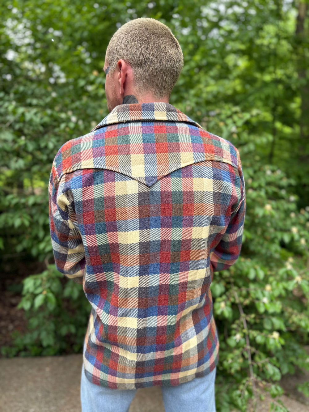 Men's 70s Red Blue Green Wool Plaid Shirt, H Bar C