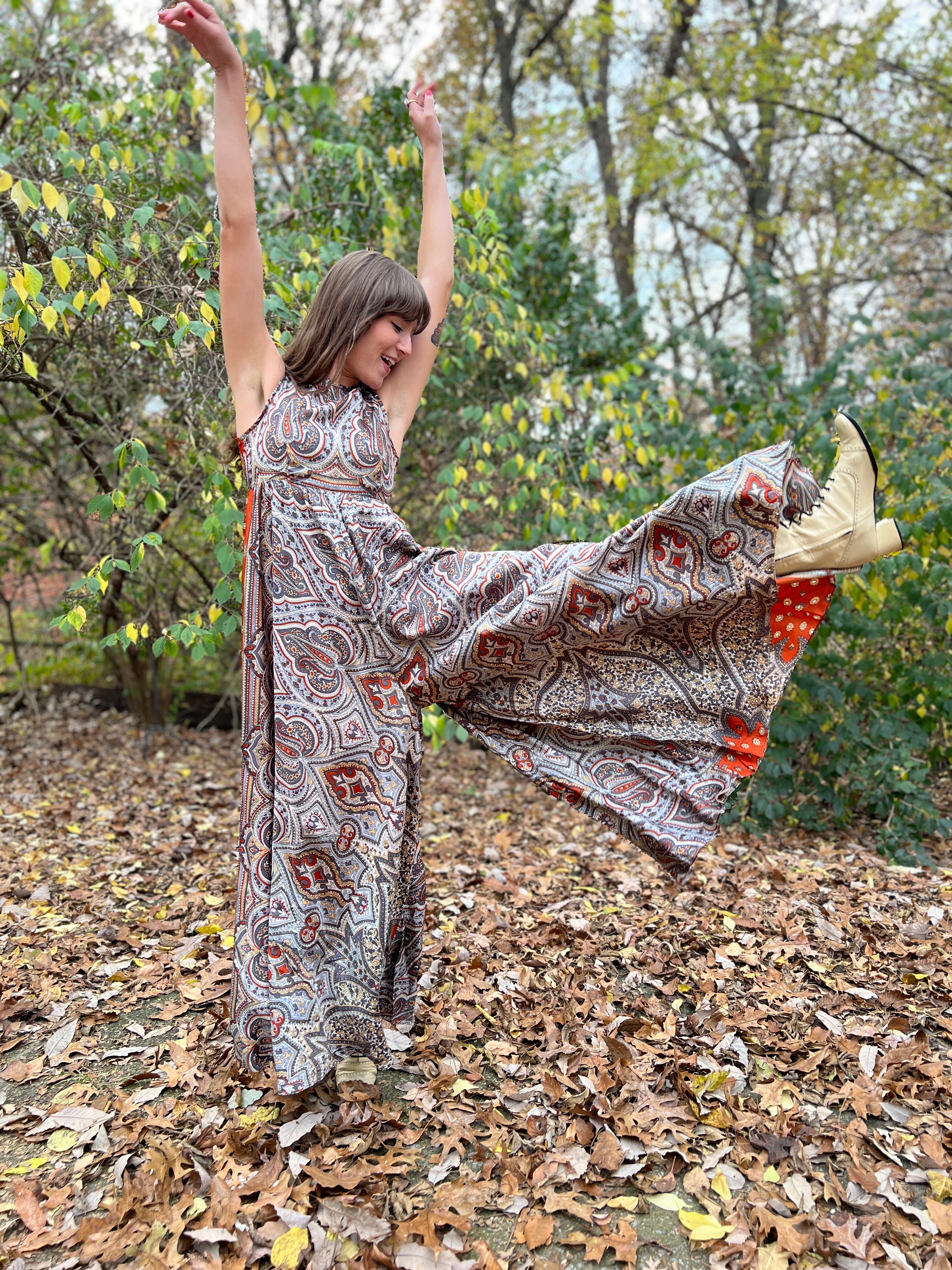 60s Vintage Gray Brown Paisley Wide Leg Jumpsuit, Denise L. – The