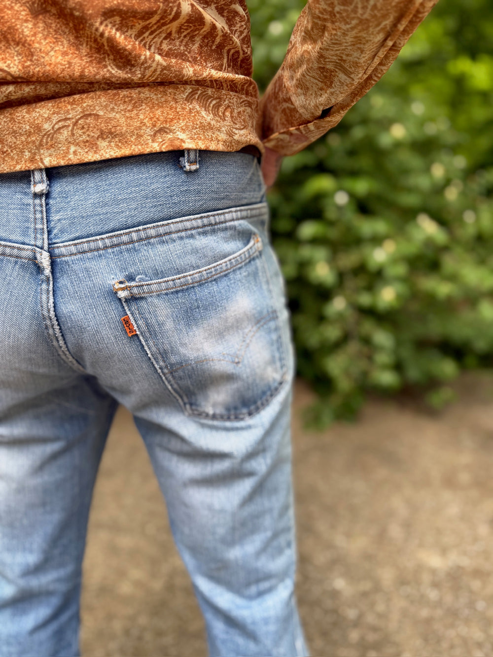 70s Orange Tab Bell Bottom Denim Jeans, Levis Pair 2