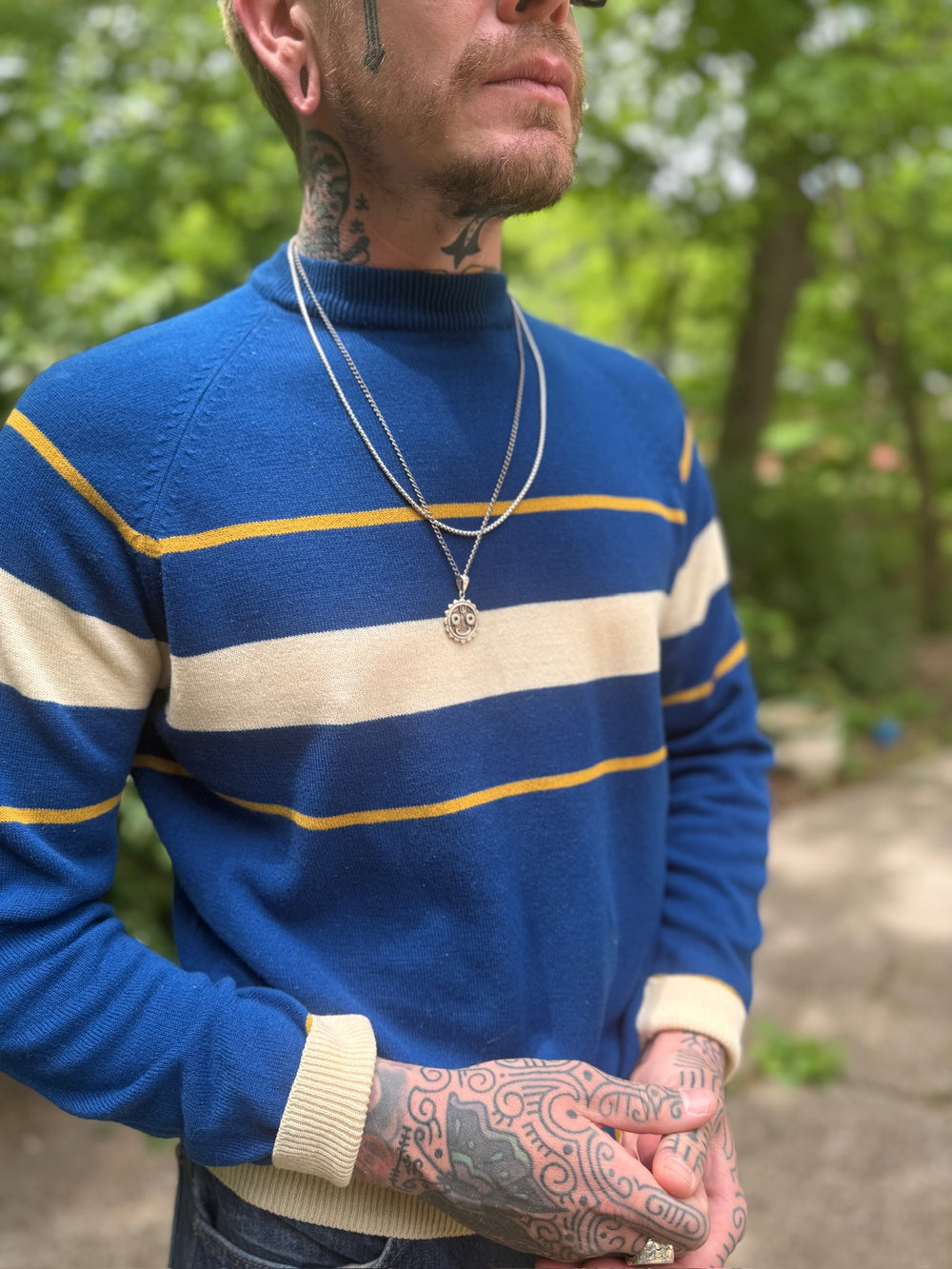 60s Men's Blue Creme Ban Lon Sweater, Mr Leggs