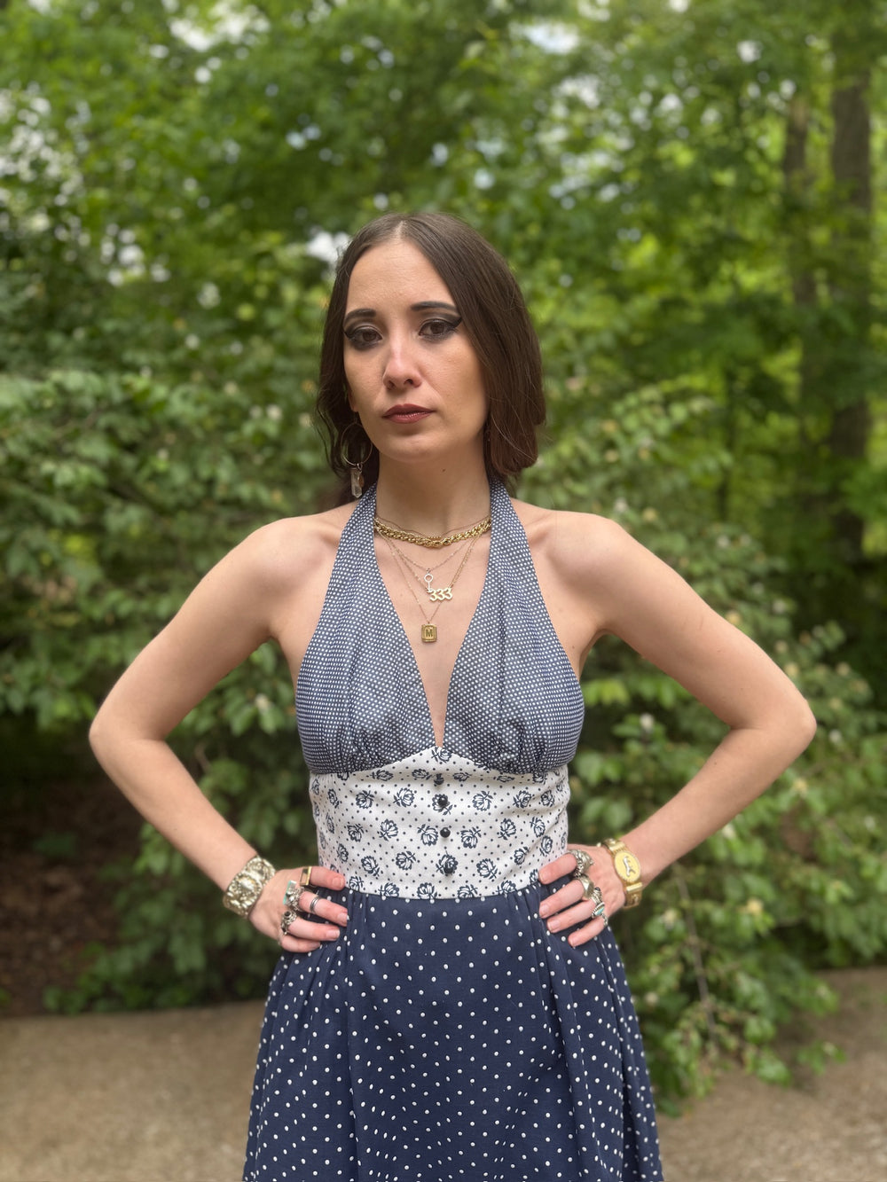 70s Blue White Dot Floral Halter Maxi Dress by Beach Party
