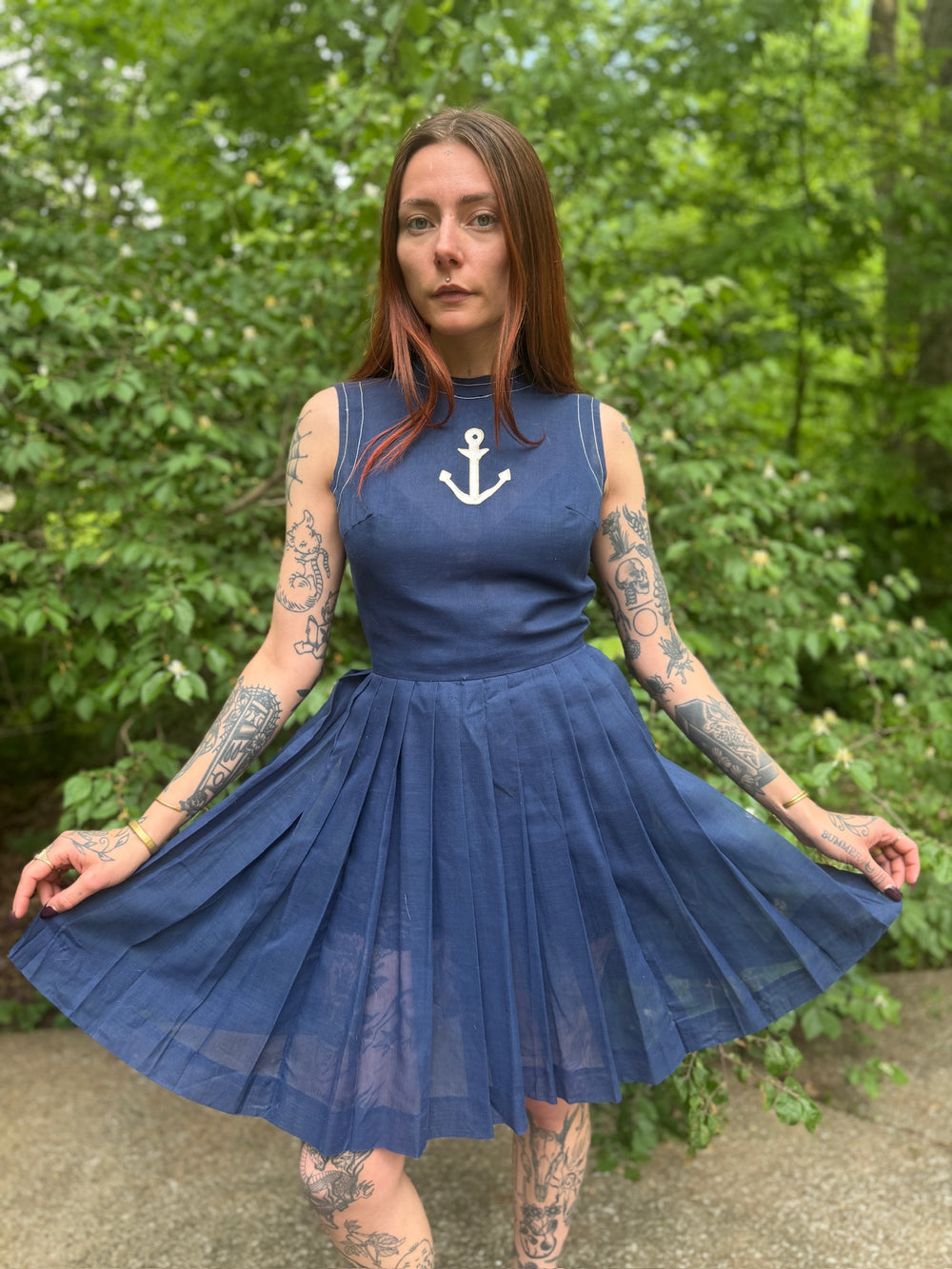 Ladies 60s Navy Cotton Sleeveless Dress, Anchor Detail by Momentum
