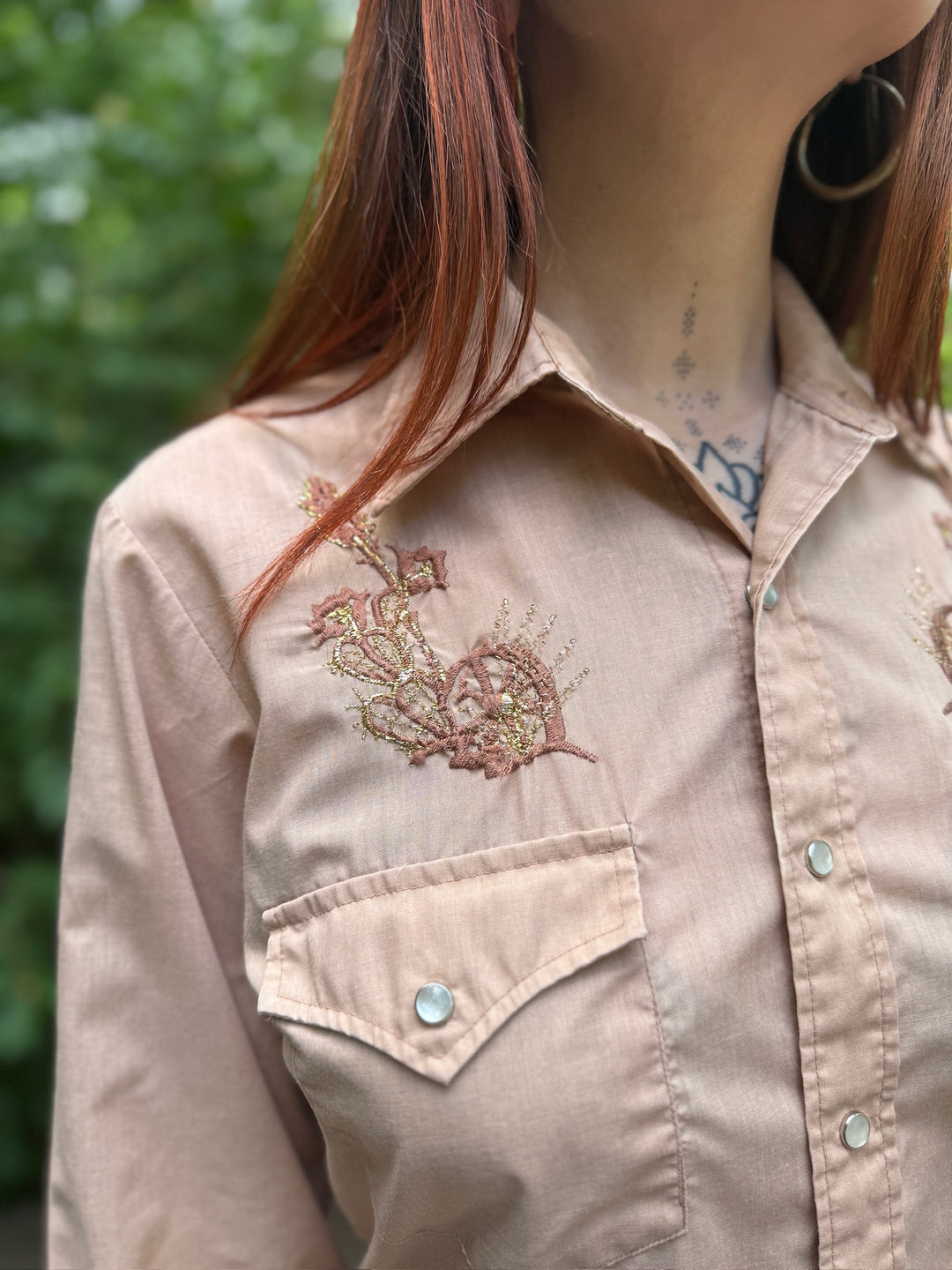 70s Tan Western Shirt, Gold Embroidery on Yoke, Young Authentic 70s Tan Western Shirt, Gold Embroidery on Yoke, Young Authentic