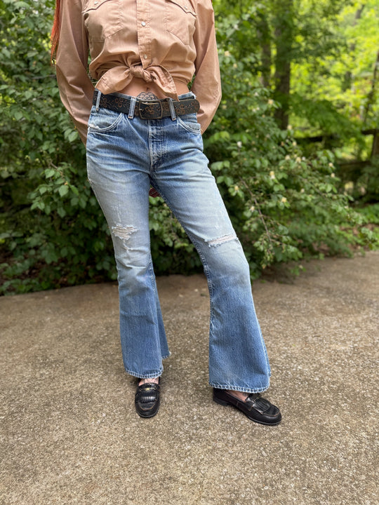 70s Orange Tab Bell Bottom Denim Jeans, Levis (Pair 1)