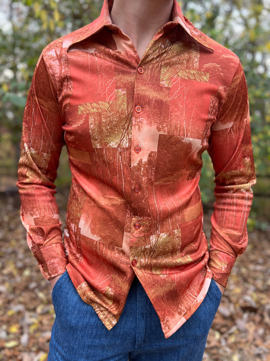 70s Mens Orange Polyester Photo Fabric Vintage Disco Shirt, LB