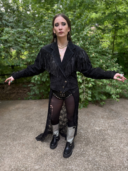 80s Black Suede Fringe Cropped Jacket, Wilsons Leather