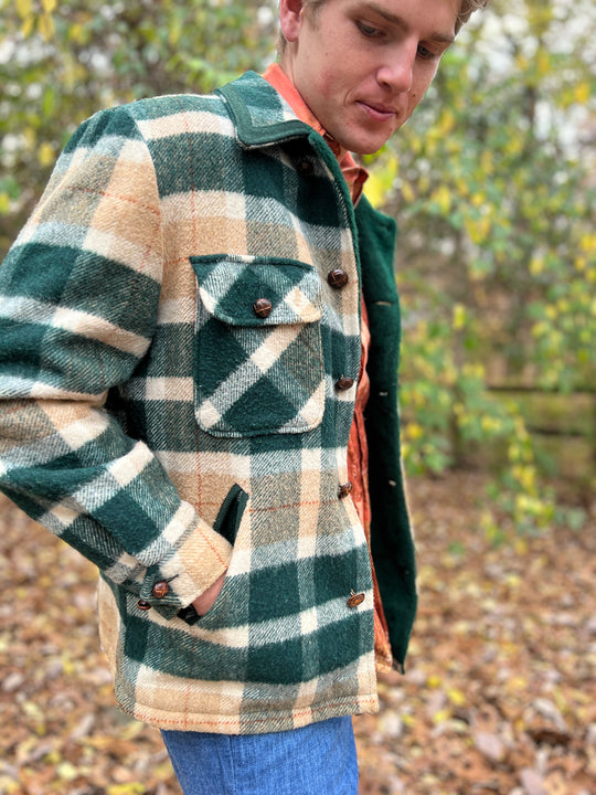 70s Green Plaid Wool Vintage Coat, Fox Knapp