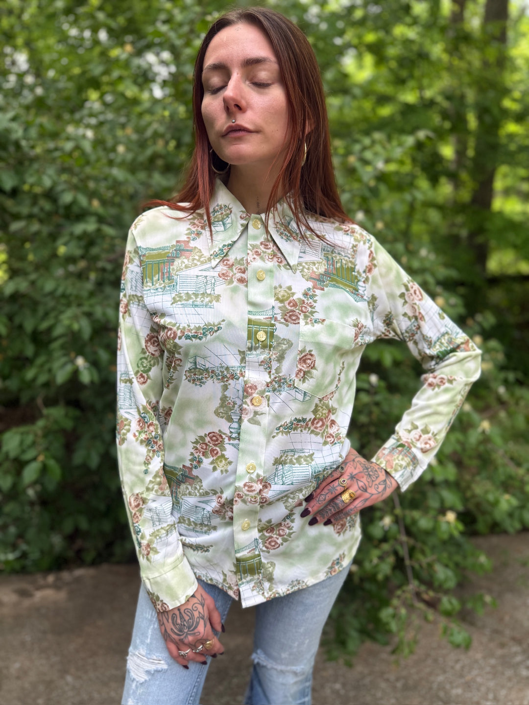 70s Green Nylon floral Disco Shirt, Rappers