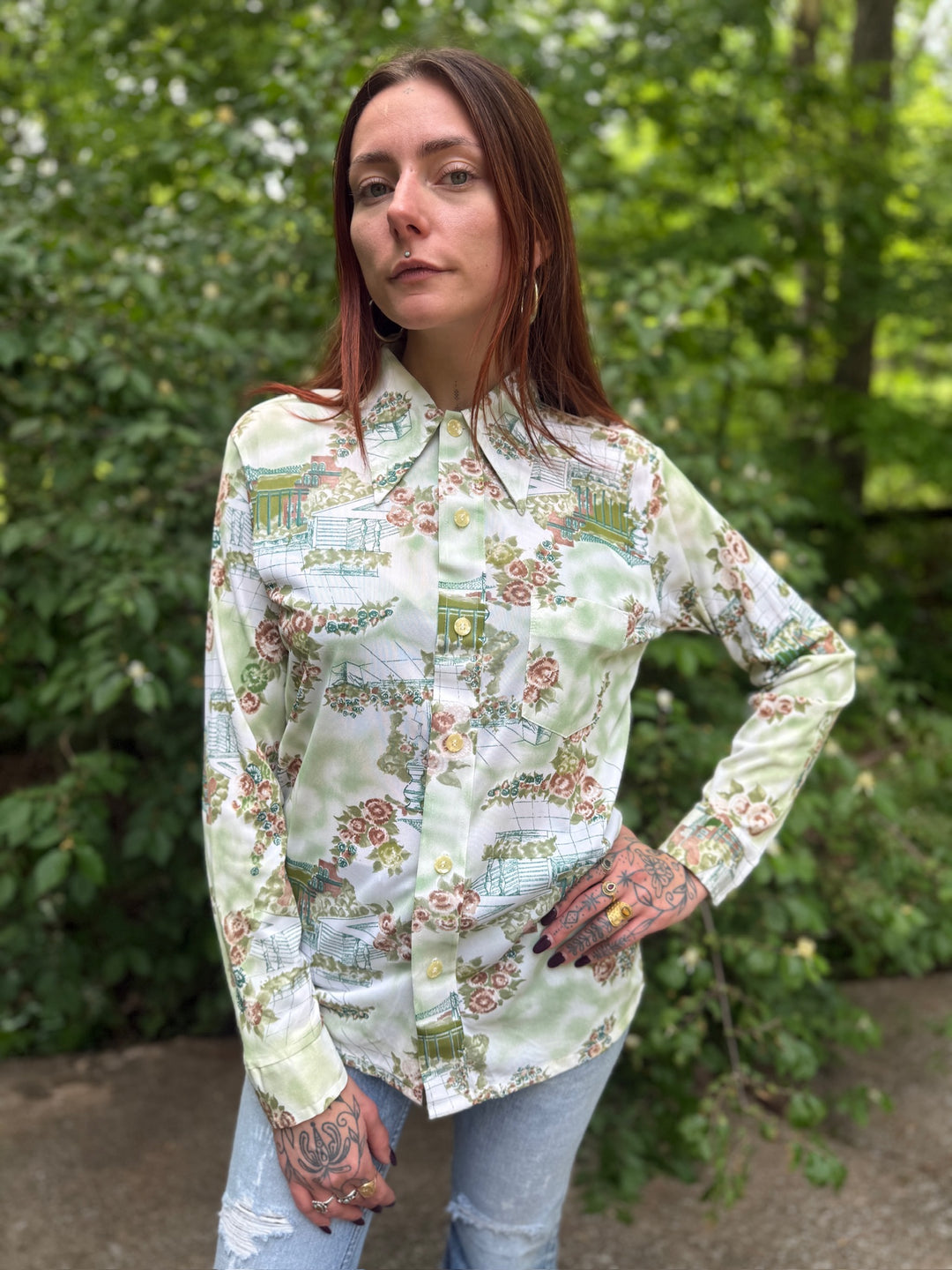 70s Green Nylon floral Disco Shirt, Rappers