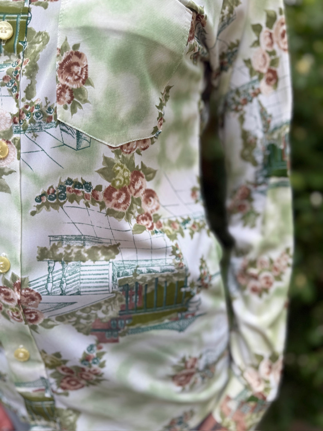 70s Green Nylon floral Disco Shirt, Rappers