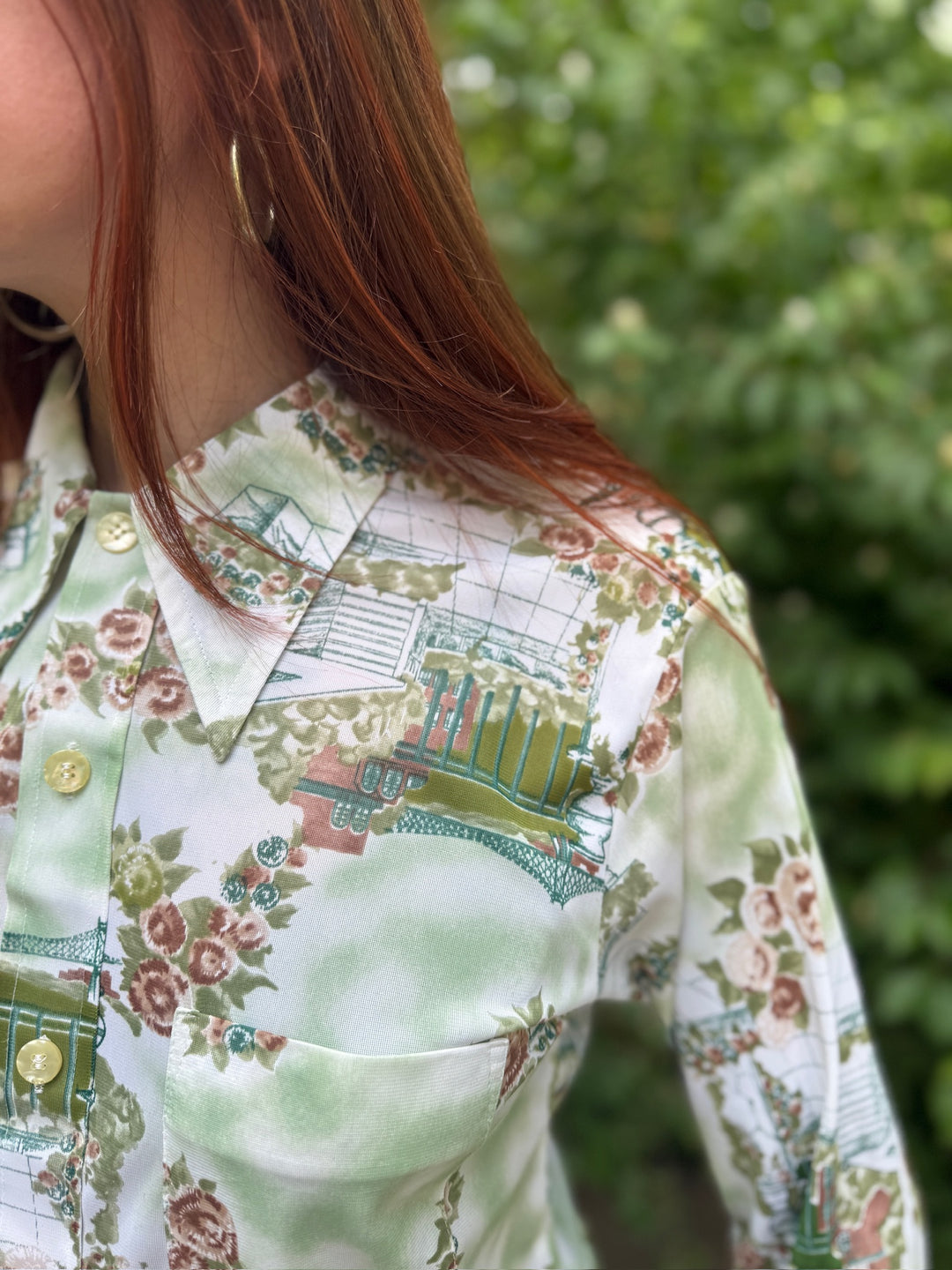 70s Green Nylon floral Disco Shirt, Rappers