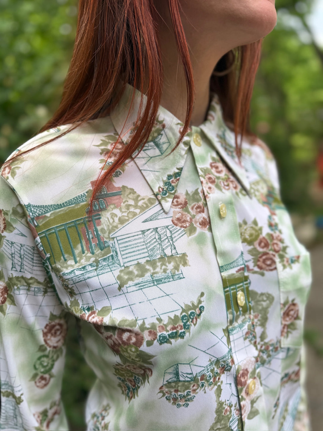 70s Green Nylon floral Disco Shirt, Rappers