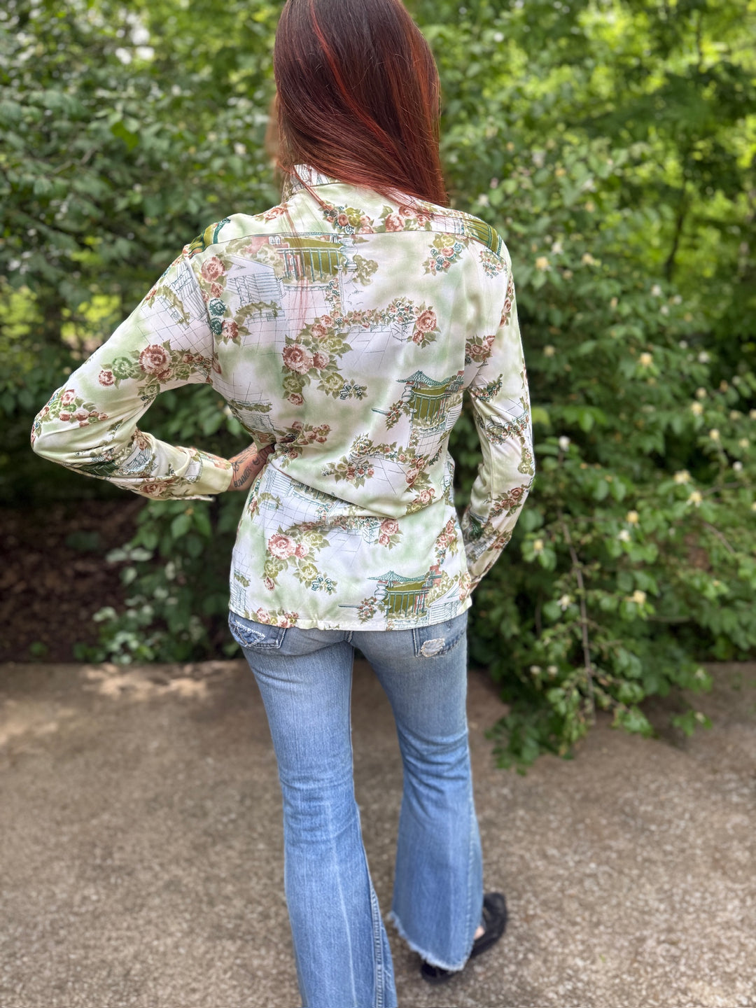 70s Green Nylon floral Disco Shirt, Rappers