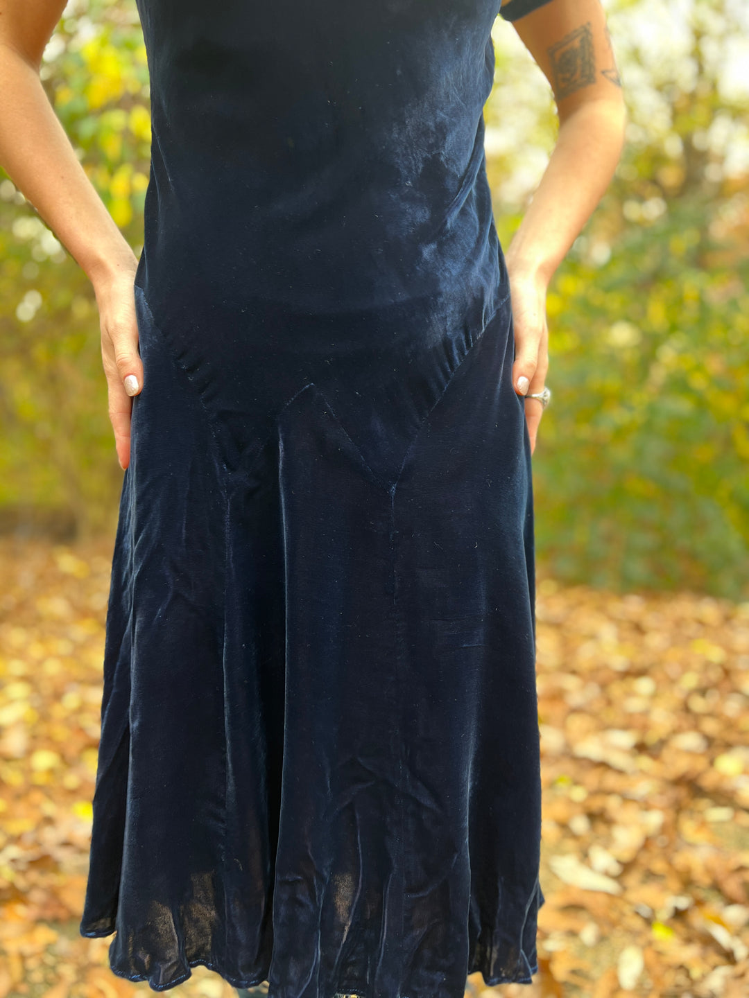 30s Blue Silk Velvet Bias Cut Vintage Dress with Lace