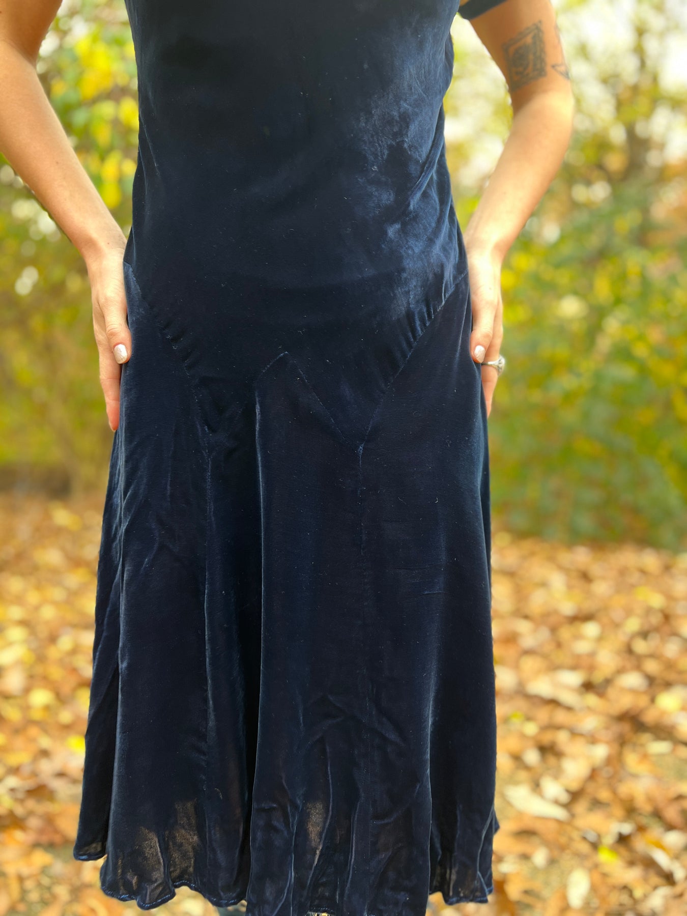 30s Blue Silk Velvet Bias Cut Vintage Dress with Lace 30s Blue Silk Velvet Bias Cut Vintage Dress with Lace