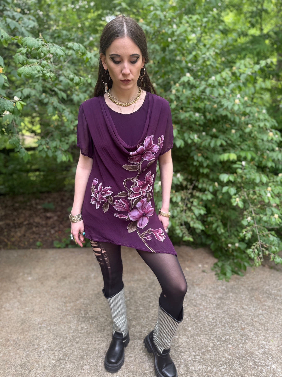 90s Purple Crepe Floral Blouse, Renee Derby