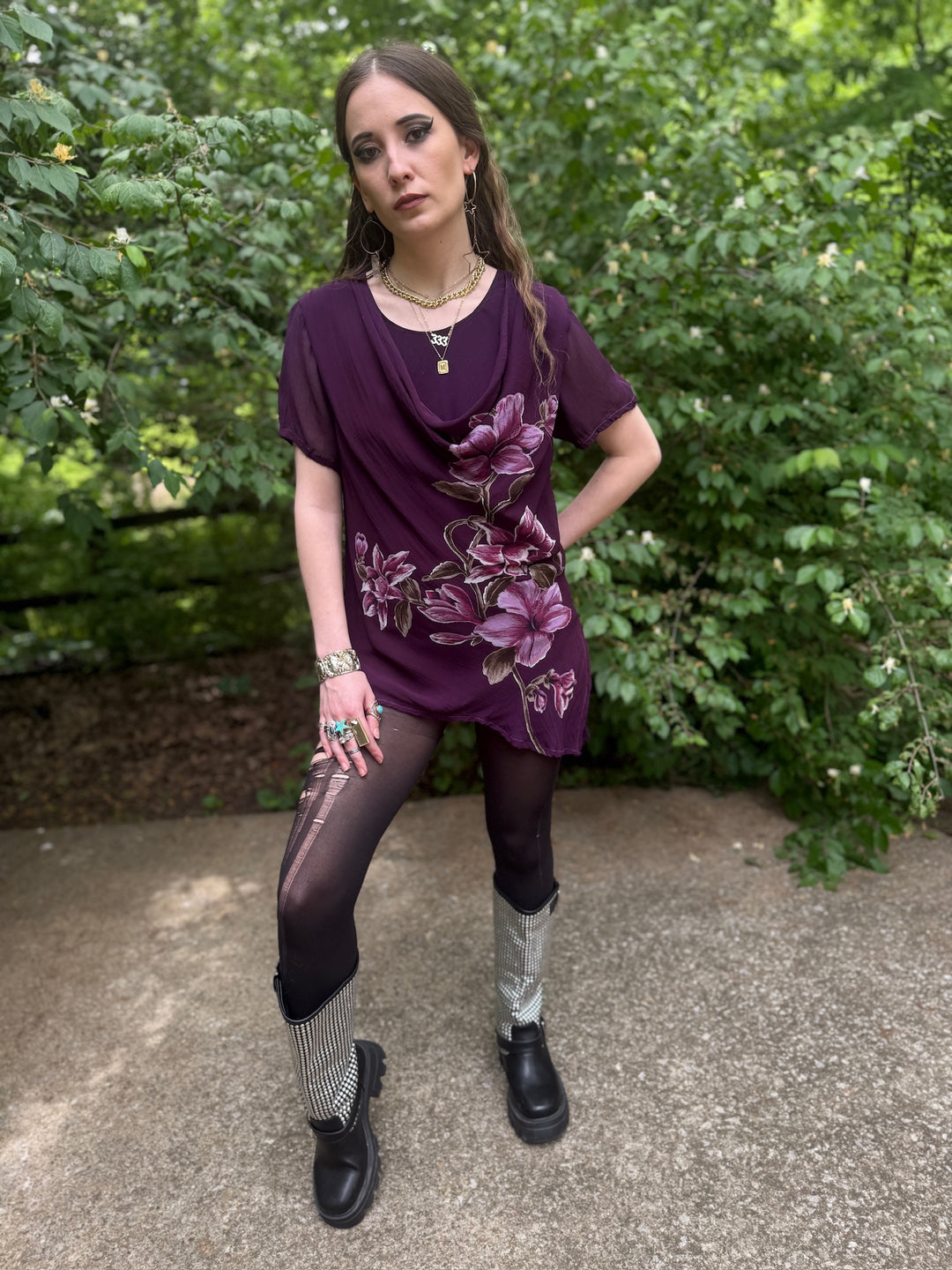 90s Purple Crepe Floral Blouse, Renee Derby