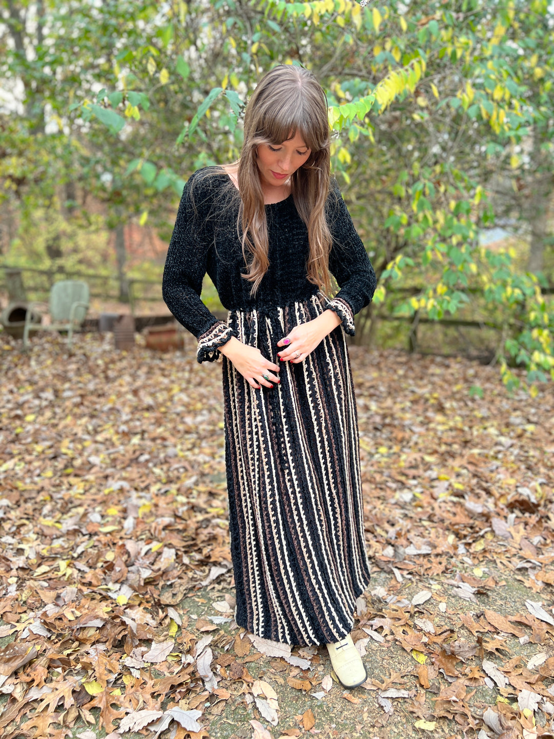 70s Brown Black Chenille Crocheted Vintage Maxi Dress 70s Brown Black Chenille Crocheted Vintage Maxi Dress