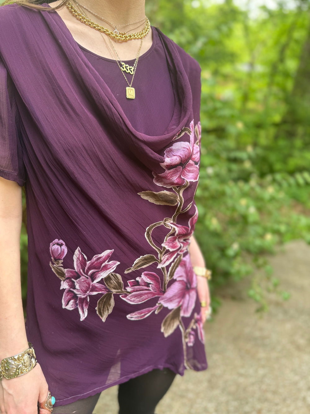 90s Purple Crepe Floral Blouse, Renee Derby