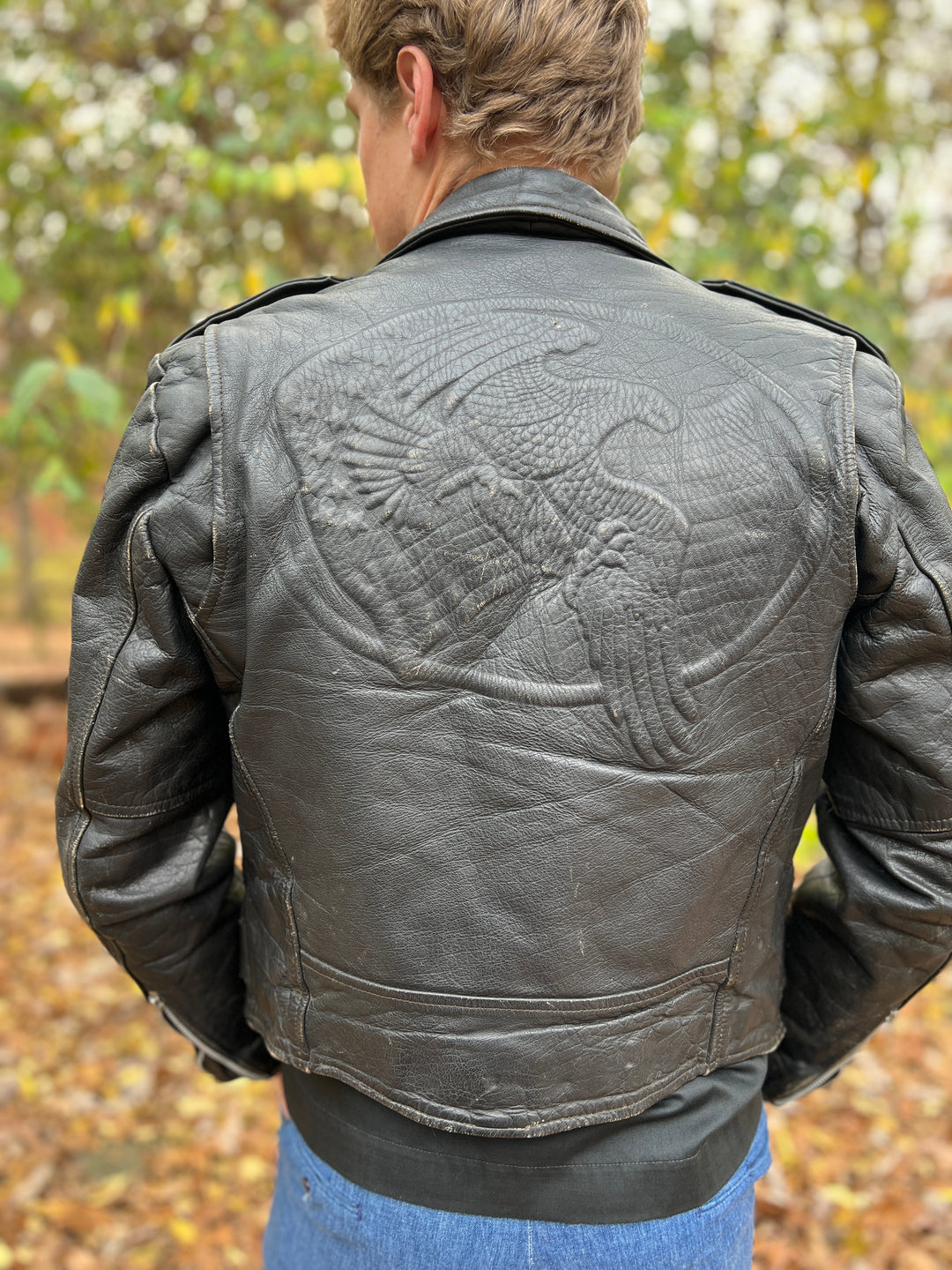Vintage Black Leather Motorcycle Jacket, Eagle on Back, Wilsons