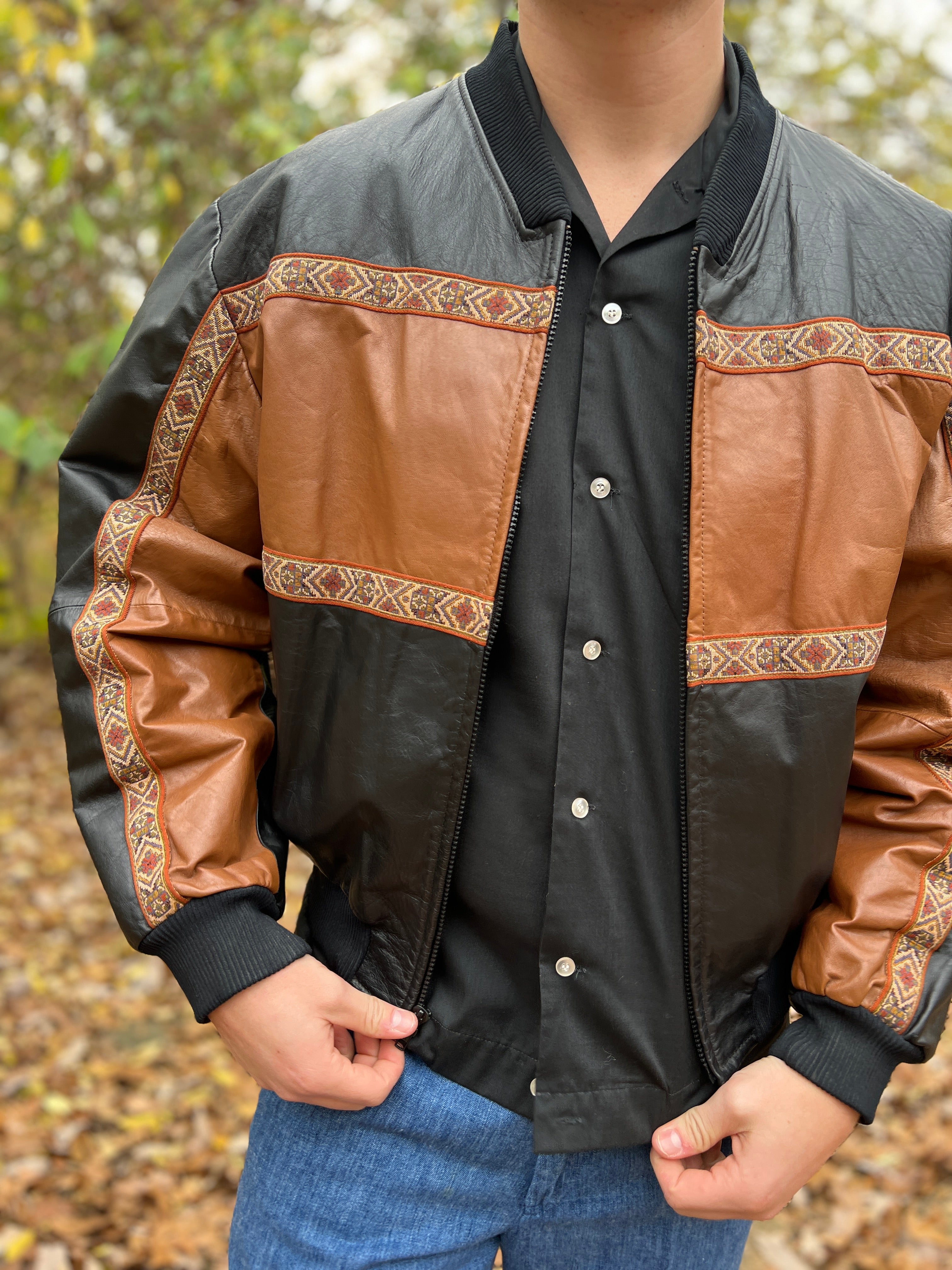 80s Vintage Black Brown Leather Jacket, Pioneer Wear