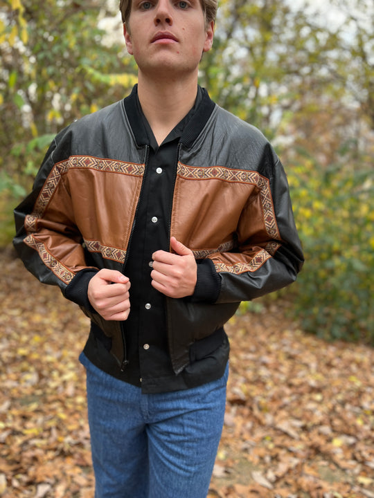 80s Vintage Black Brown Leather Jacket, Pioneer Wear