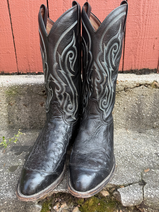 Black Ostrich Cowboy Boots, Blue Stitch, Tony Lama, 9.5D