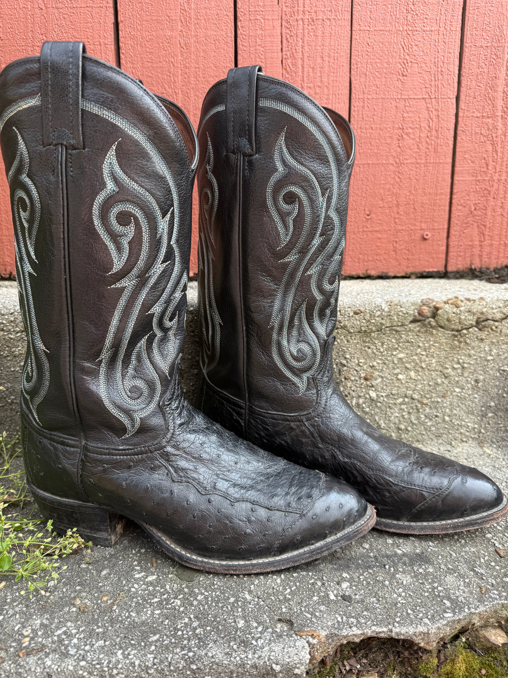 Black Ostrich Cowboy Boots, Blue Stitch, Tony Lama, 9.5D