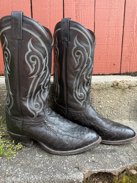 Black Ostrich Cowboy Boots, Blue Stitch, Tony Lama, 9.5D