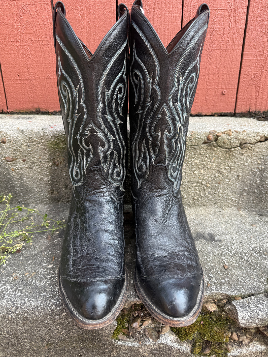 Black Ostrich Cowboy Boots, Blue Stitch, Tony Lama, 9.5D