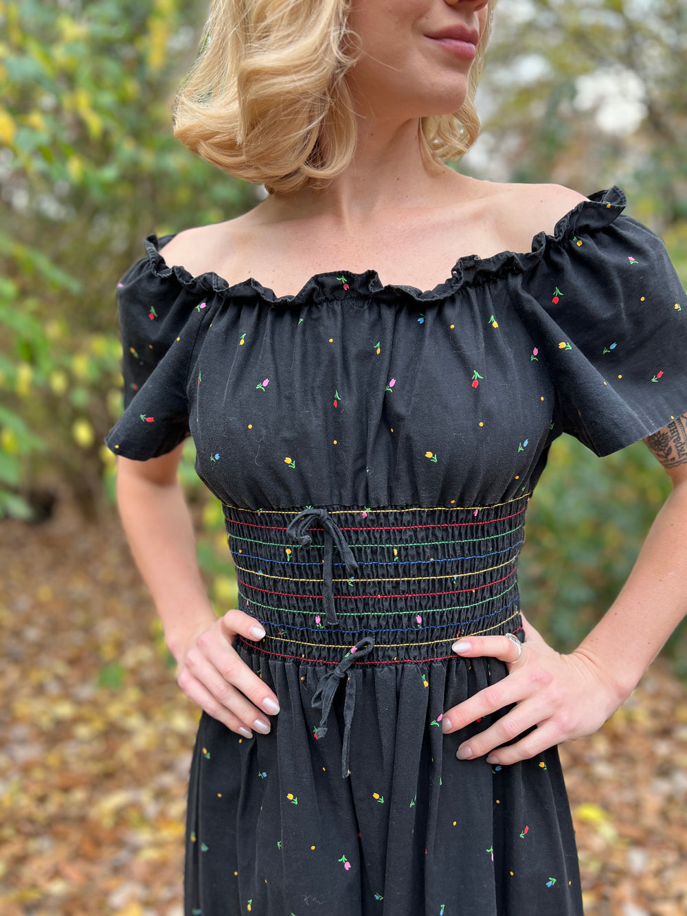 70s Black Cotton Peasant Vintage Dress