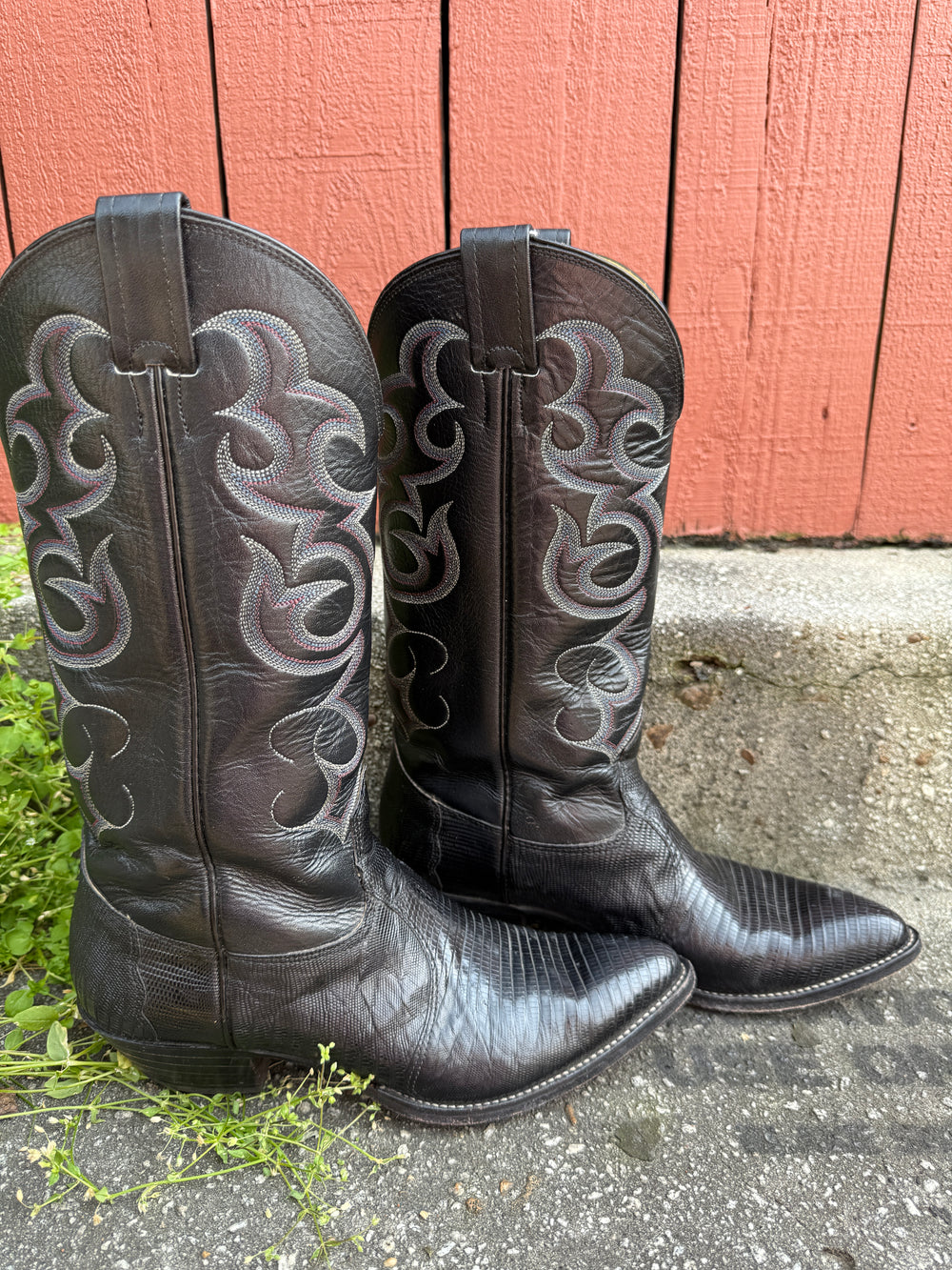 Black Lizard Cowboy, Boots, Red Blue Stitching, Nocona, 8D