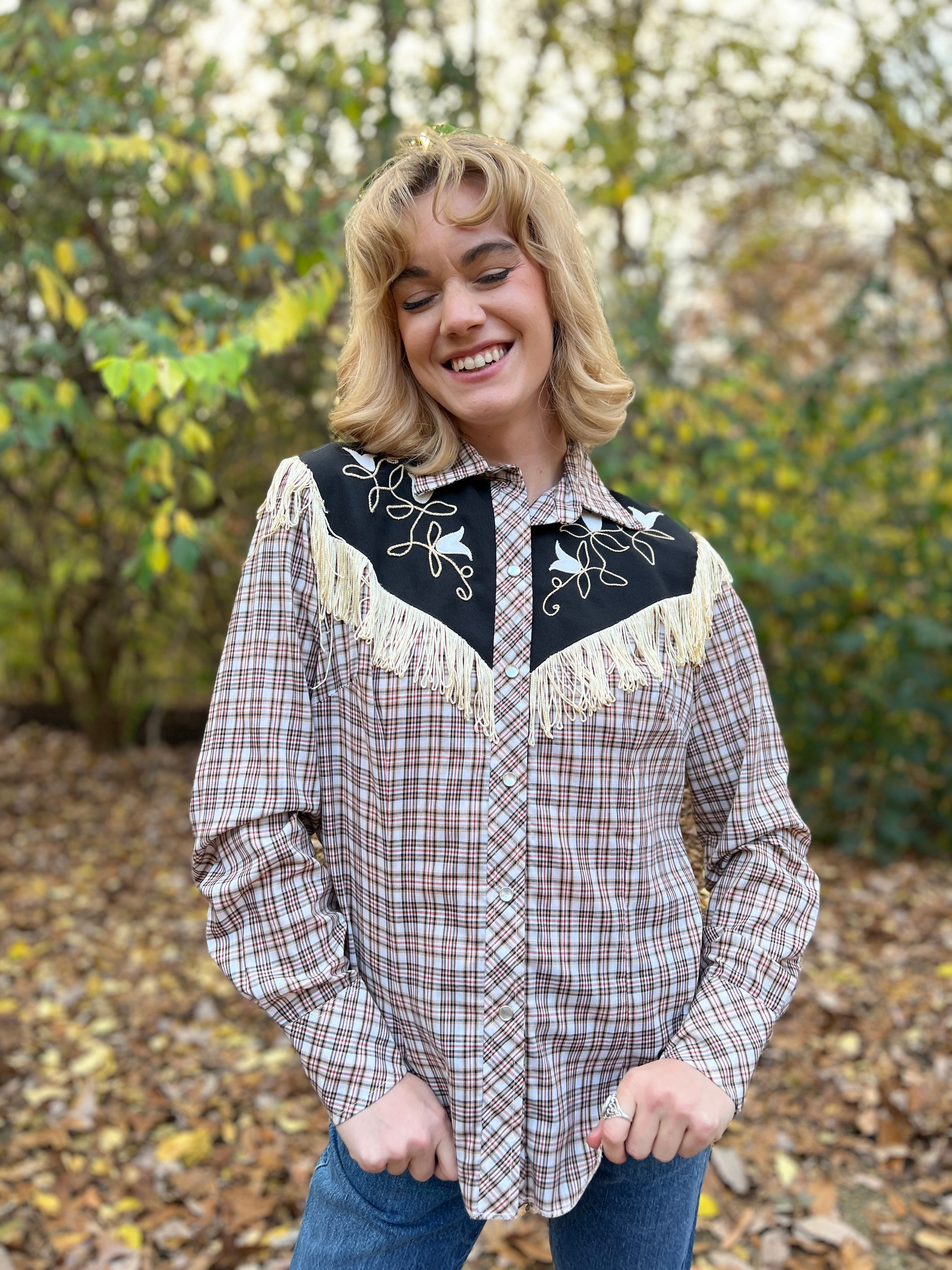 Brown Plaid Vintage Western Shirt, Fringe, H Bar C