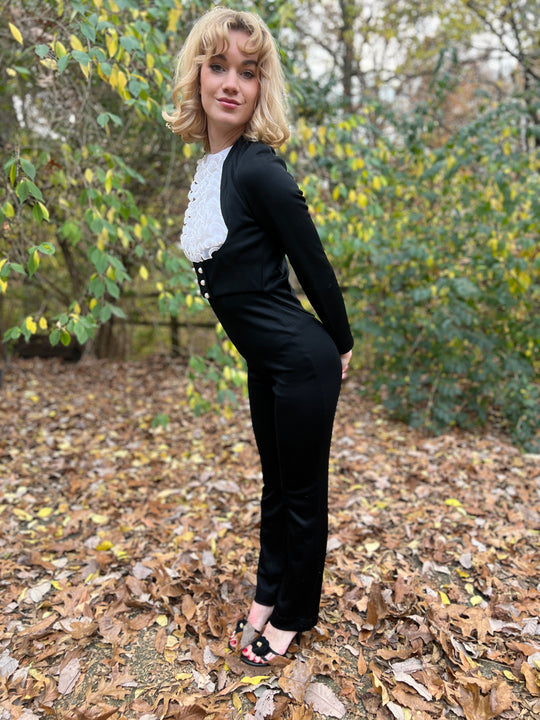 70s Vintage Black White Knit Jumpsuit with Cropped Jacket, Funky