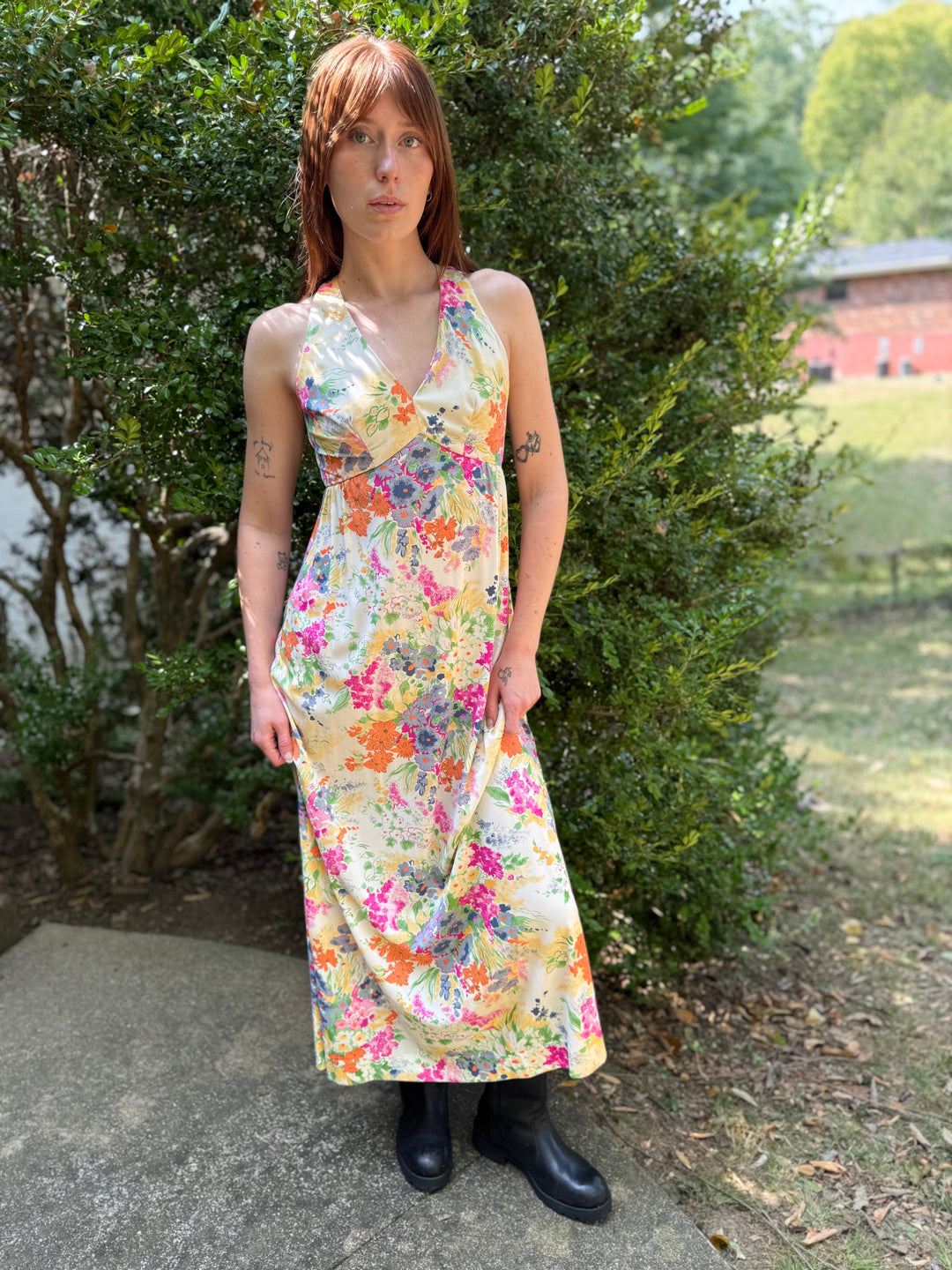 70s Floral Nylon Halter Maxi Dress, Kelly Arden