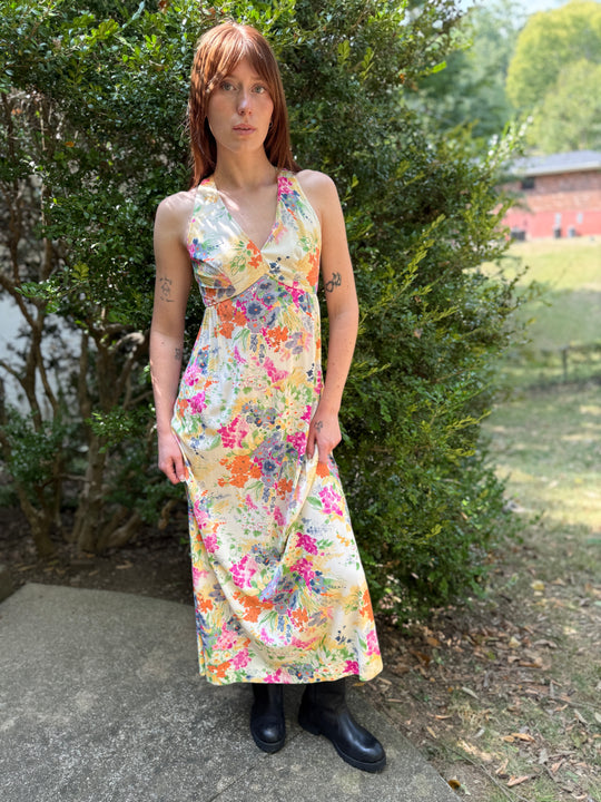 70s Floral Nylon Halter Maxi Dress, Kelly Arden