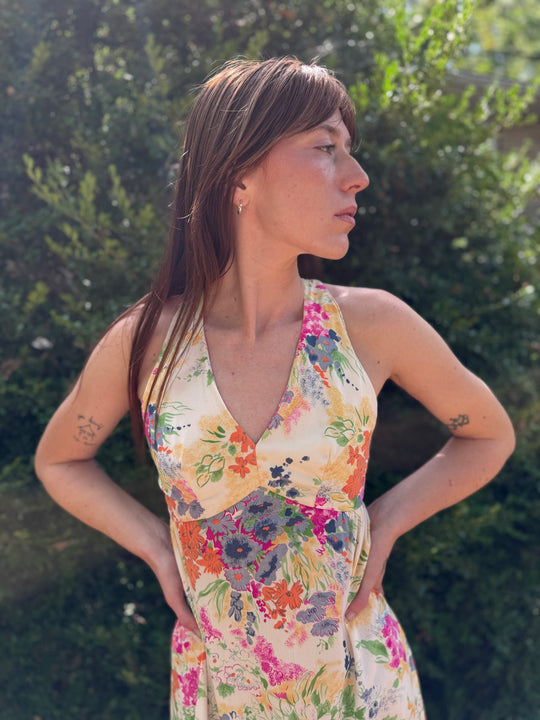 70s Floral Nylon Halter Maxi Dress, Kelly Arden
