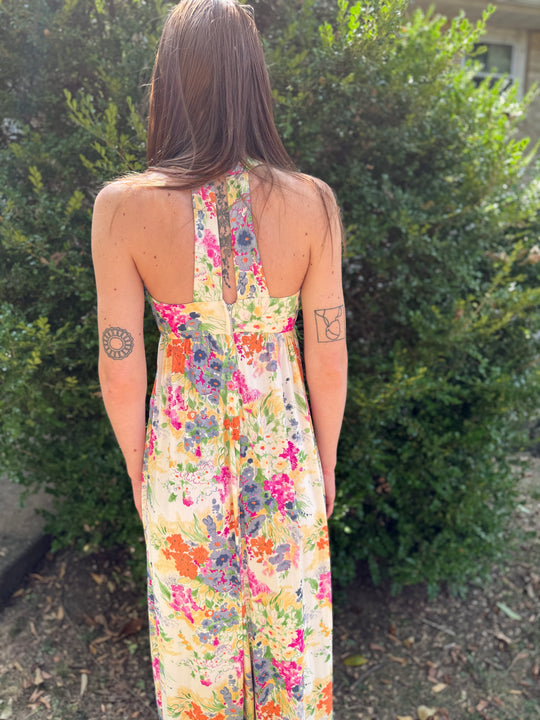 70s Floral Nylon Halter Maxi Dress, Kelly Arden