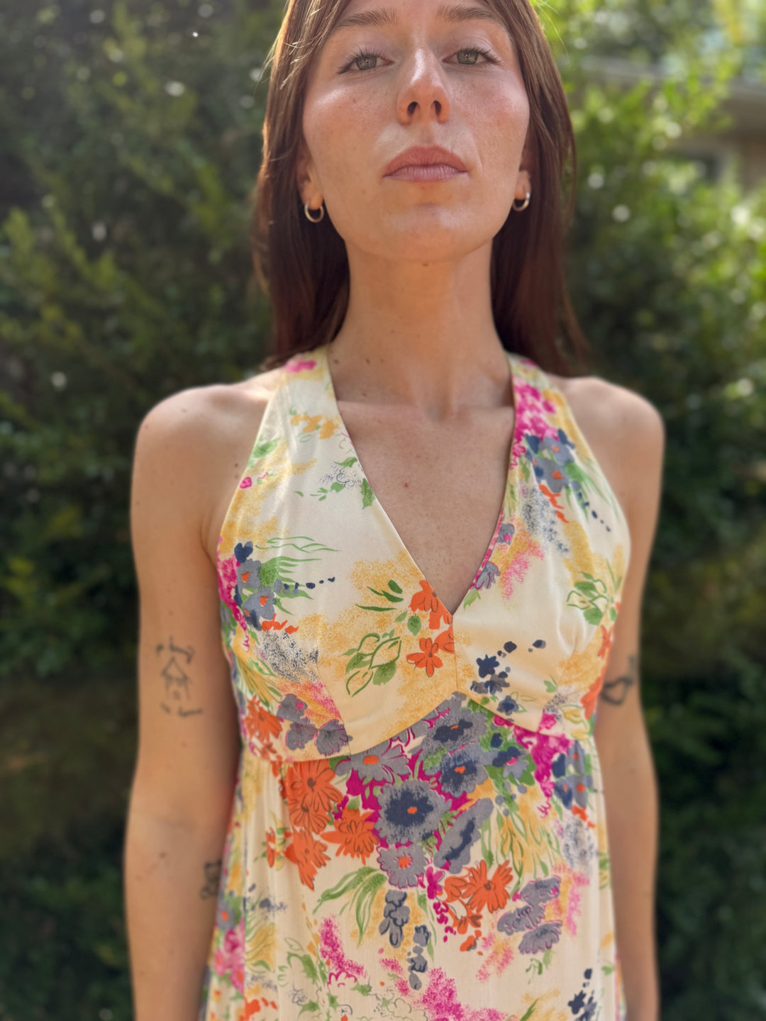 70s Floral Nylon Halter Maxi Dress, Kelly Arden