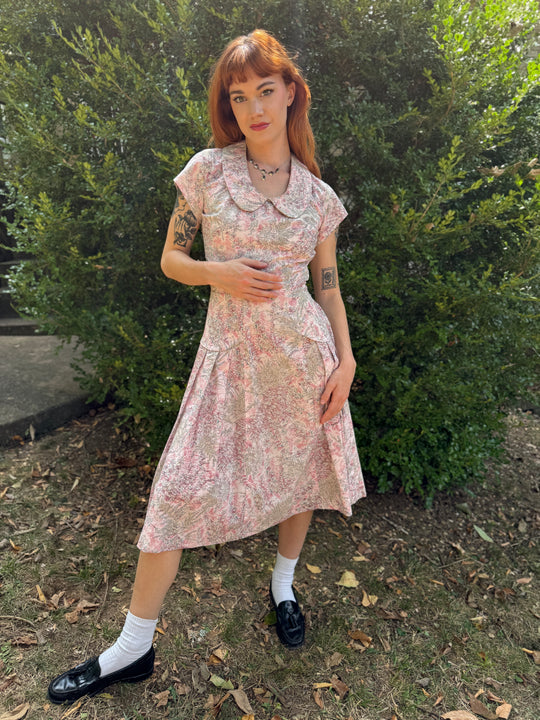 50s Pink Floral Print Day Dress, Handmade