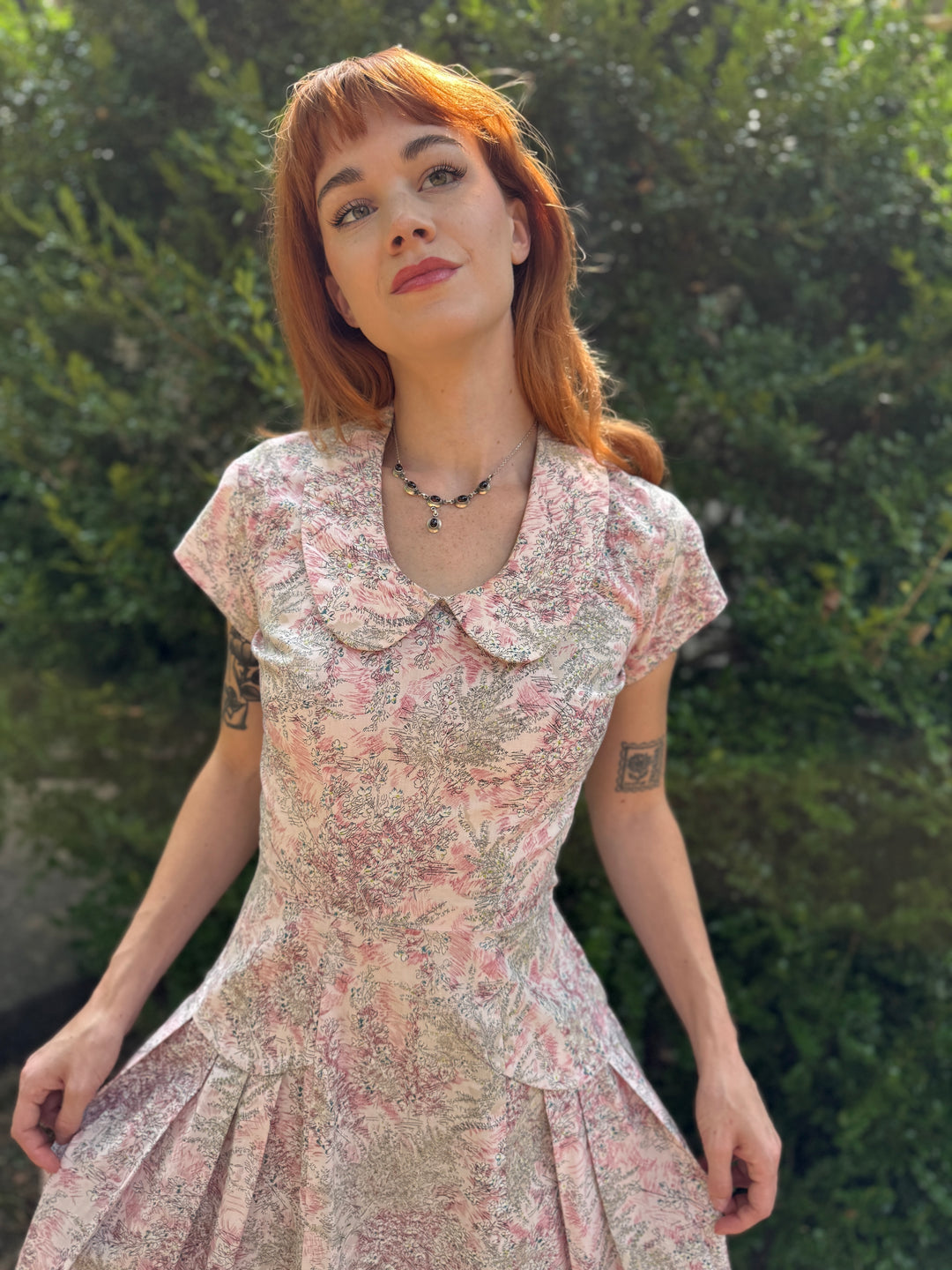 50s Pink Floral Print Day Dress, Handmade