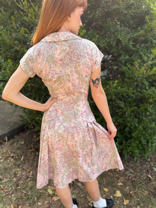 50s Pink Floral Print Day Dress, Handmade
