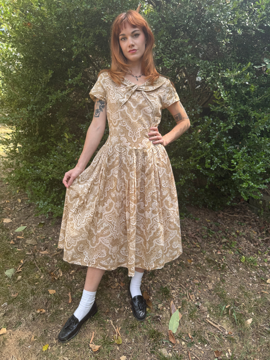 Vintage Tan White Paisley Cotton Day Dress, Neuville