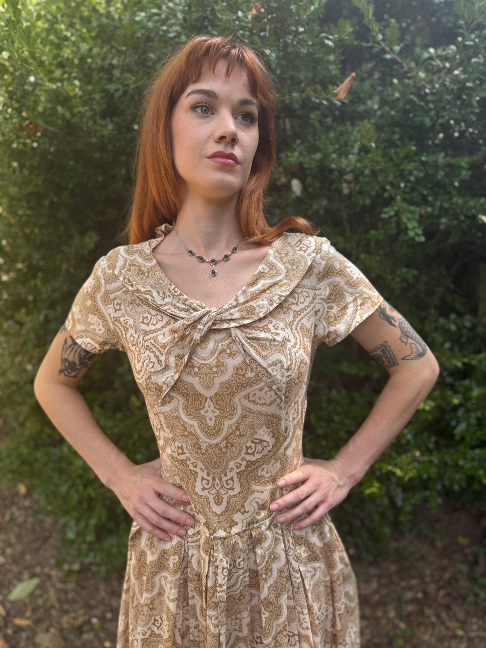 Vintage Tan White Paisley Cotton Day Dress, Neuville
