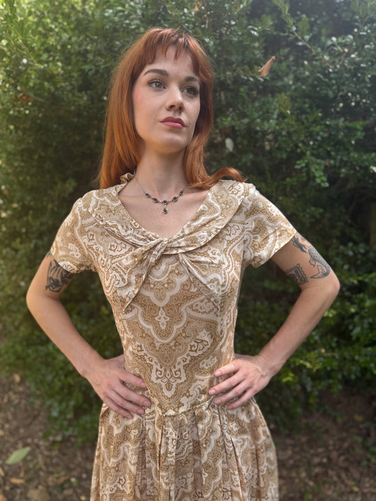 Vintage Tan White Paisley Cotton Day Dress, Neuville