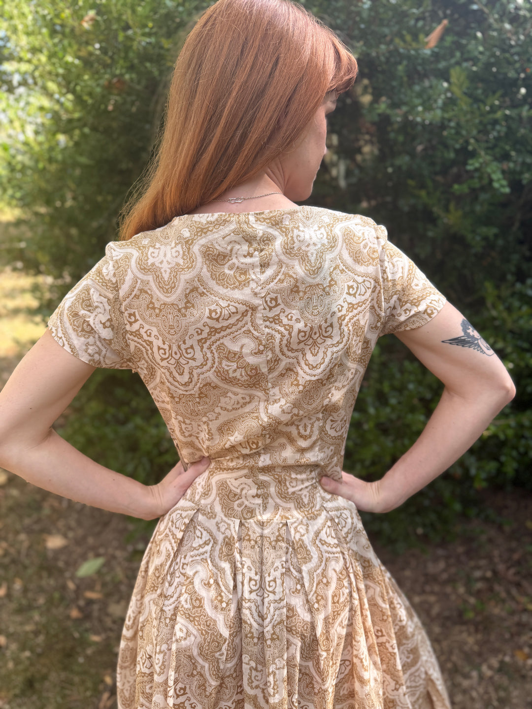 Vintage Tan White Paisley Cotton Day Dress, Neuville