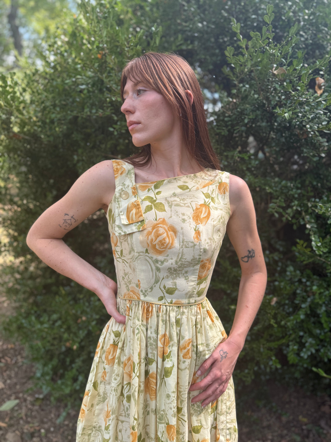 60s Gold Floral Cotton Sundress, Nelly Don