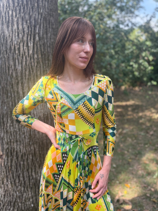 70s Green Black Orange Nylon Abstract Print Nylon Maxi Dress