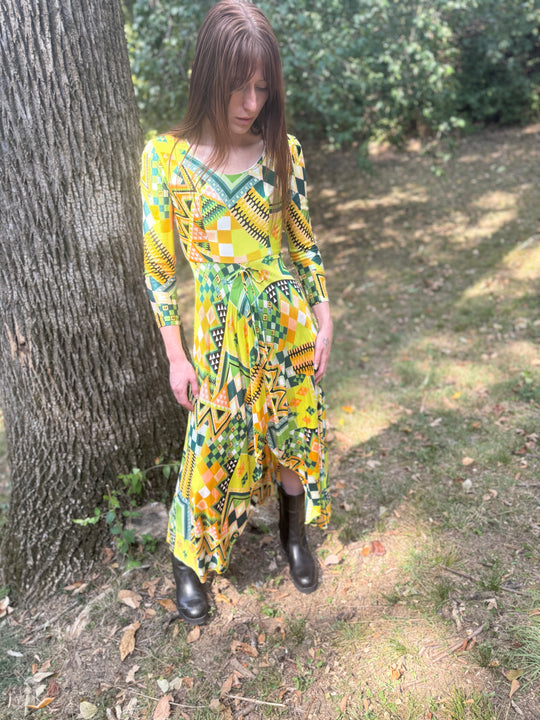 70s Green Black Orange Nylon Abstract Print Nylon Maxi Dress
